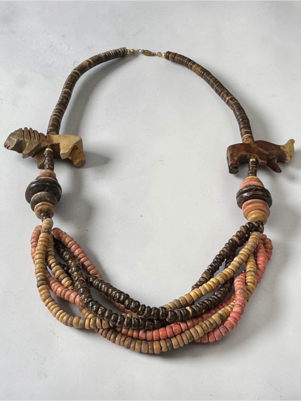 Vintage Handmade African Safari Handcrafted Wood Elephant & Lion Necklace
